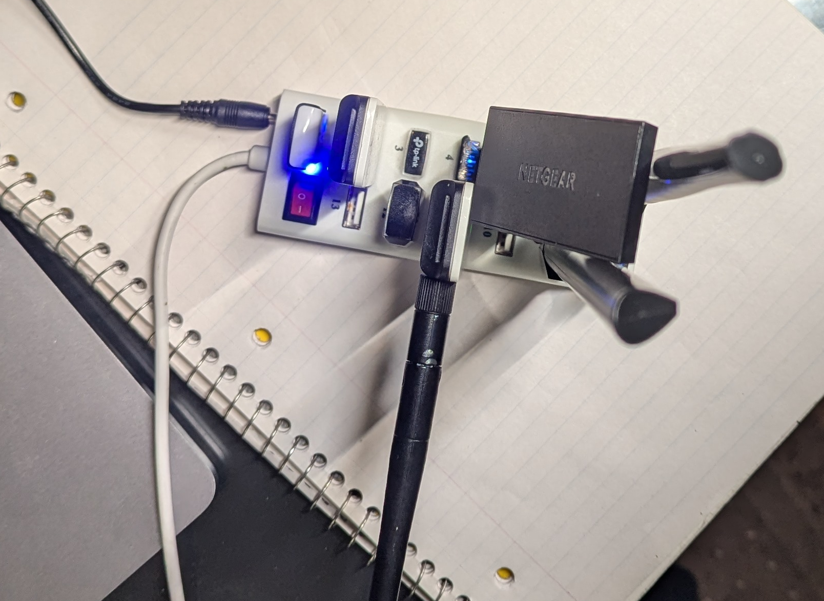 USB hub with 10 wifi adapters plugged in