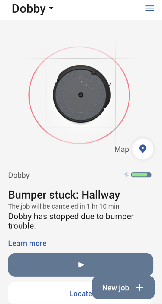 iRoomba app screenshot warning that Dobby&rsquo;s bumper is stuck