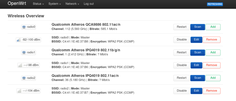 OpenWrt LuCi web interface, network menu, wireless item