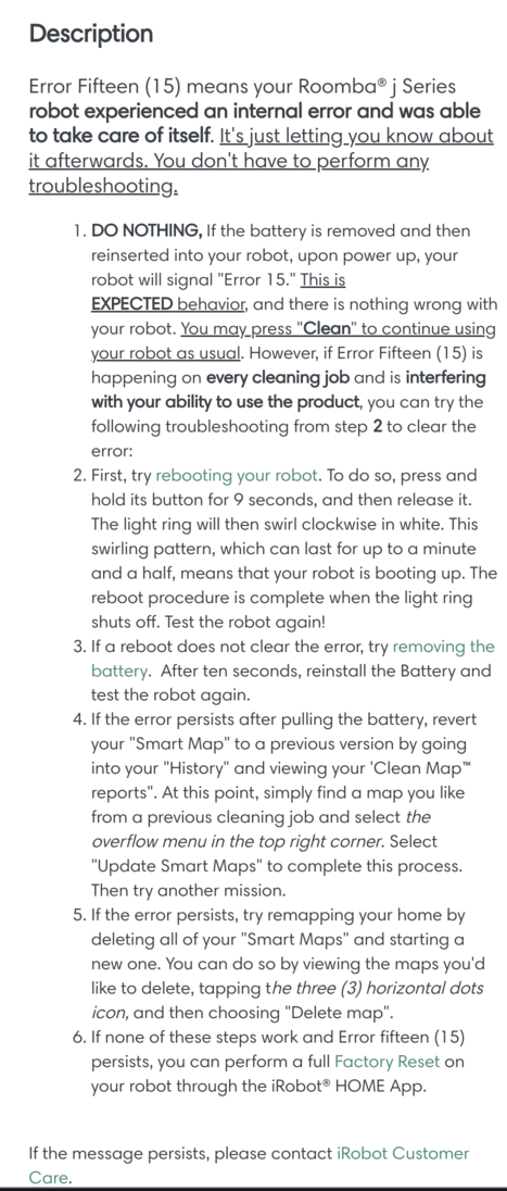 iRobot mobile app error 15 &ldquo;explanation&rdquo;